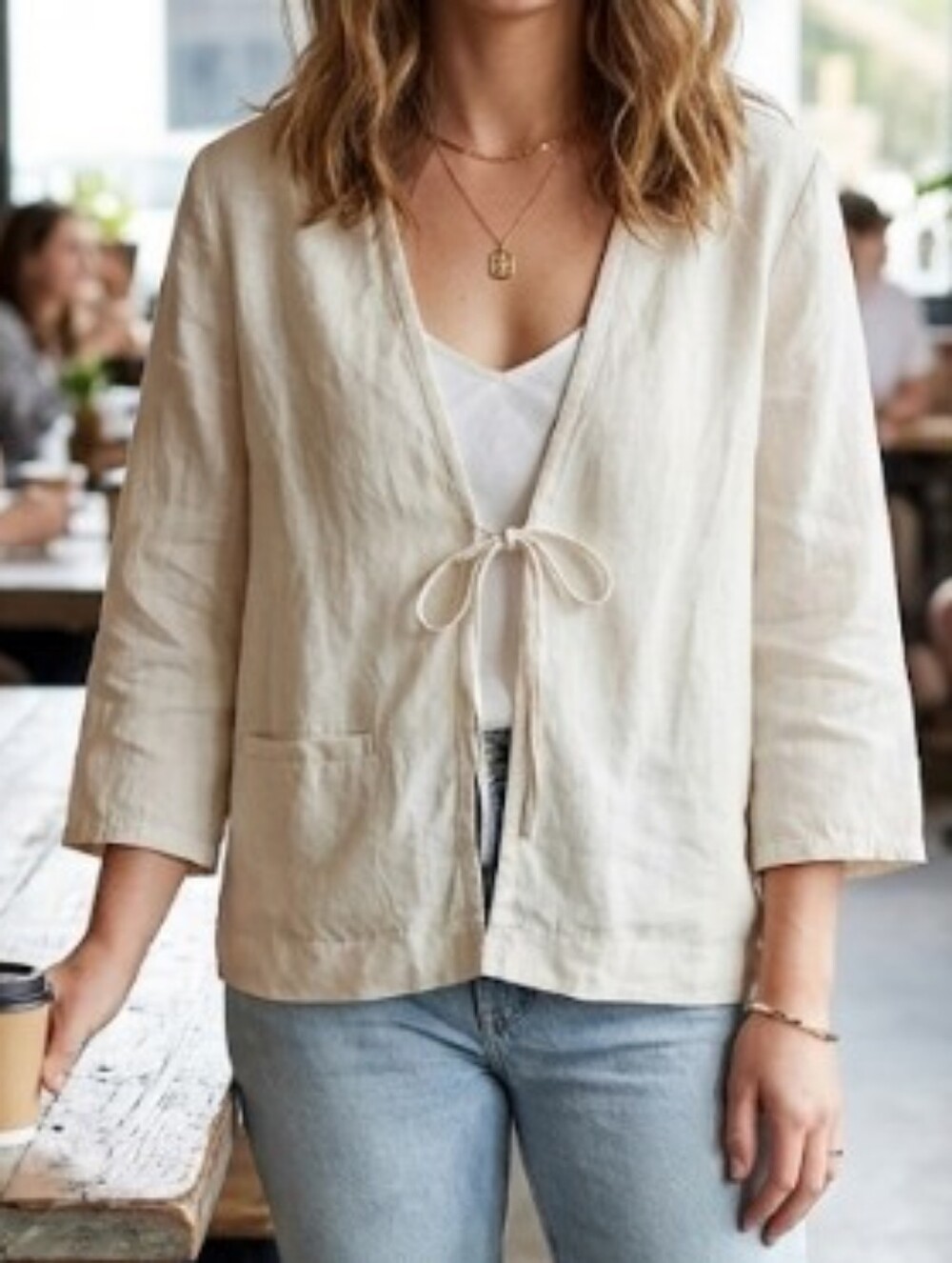 100% Linen Cream Tie-Front V-Neck Blouse (Sz S) Boho Chic Prairie Western Garden
